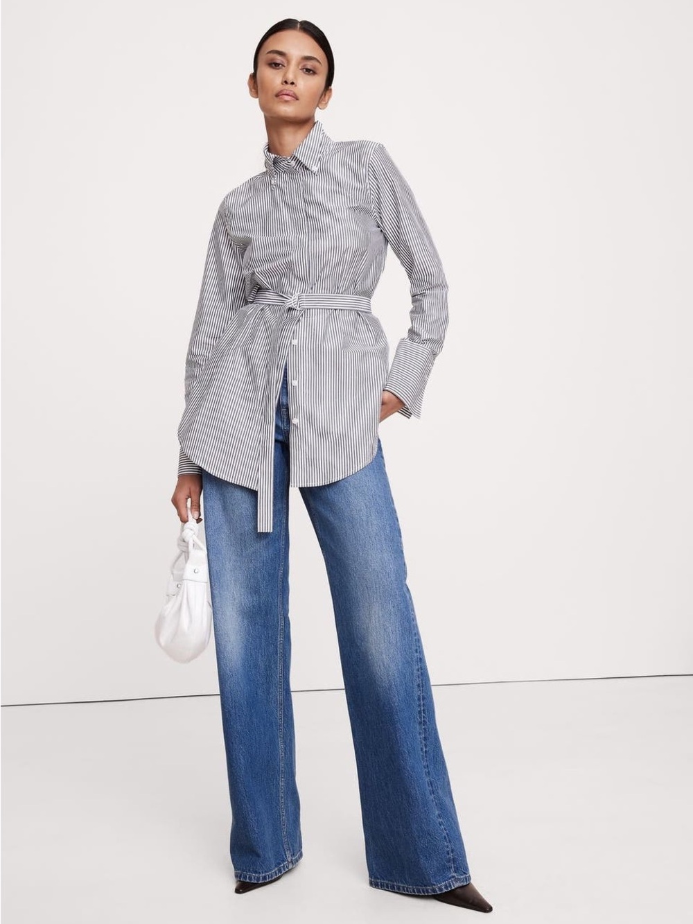 Banana Republic Cotton Poplin Belted Tunic Shirt Navy White Striped Size Small